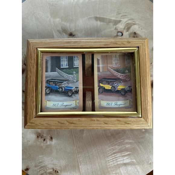 Vintage Wooden Card Box w/ 1907 Peugeot Decks • Retro Game Night Decor - Picture 1 of 5